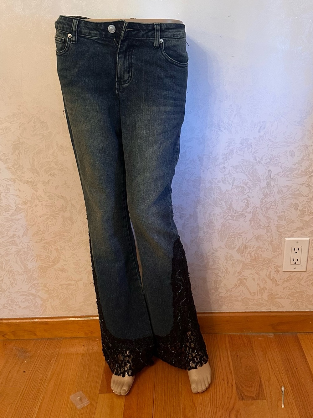 Bisou Bisou Black Denim Flare Jeans with Lace Trim